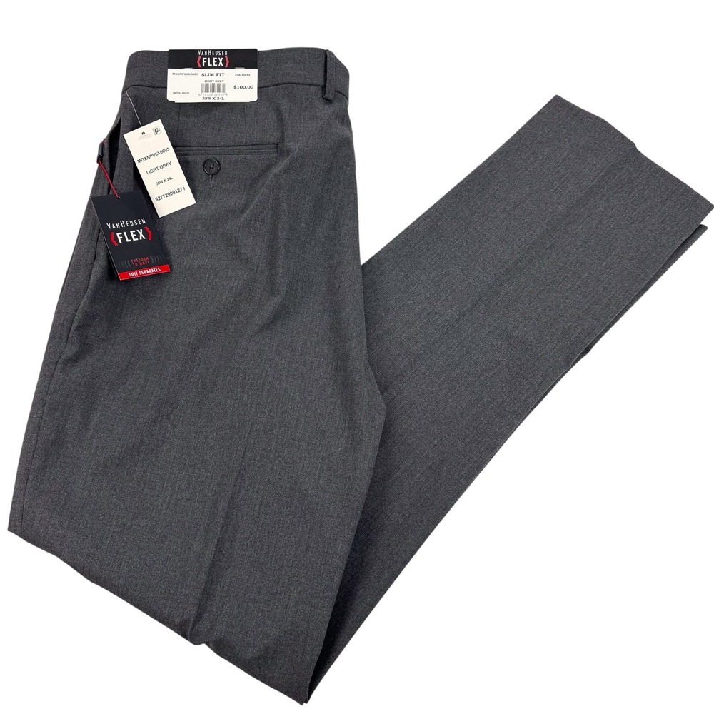 Van Heusen Suit Dress Pants Mens 38 Gray Flex Slim Fit Stretch 38x34 NEW $100